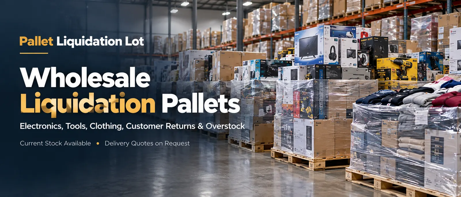 Wholesale liquidation pallet warehouse featuring electronics, power tools, clothing and boxed merchandise